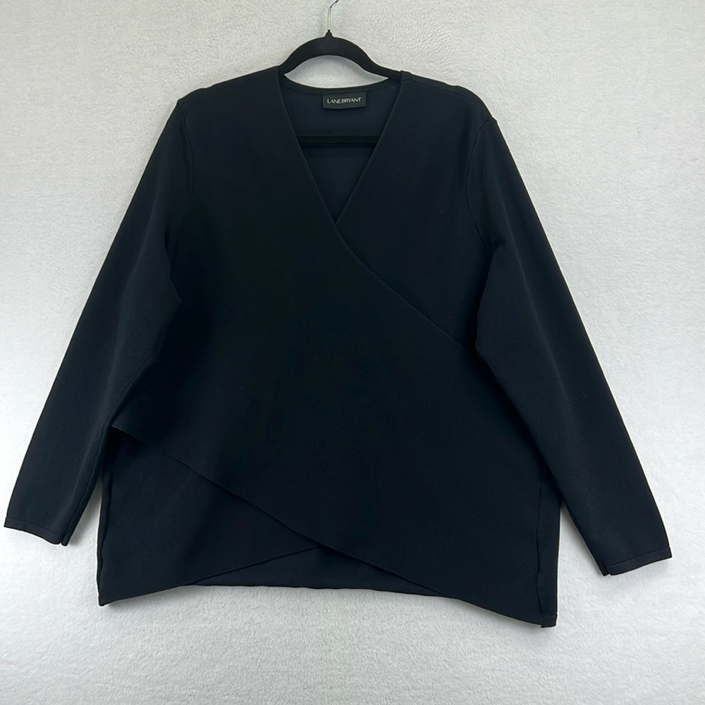 Lane Bryant Knit Top Blouse Sz 18-20 Black Pullover V-Neck Crossover Nice!